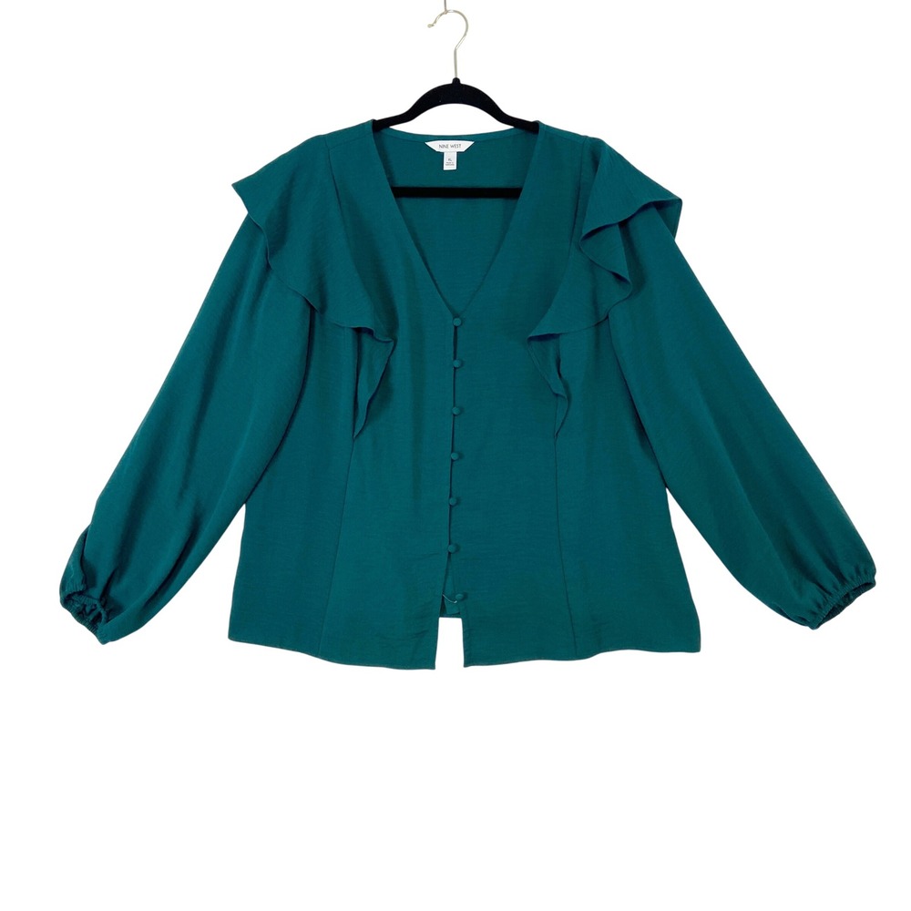 Nine West Women Teal V Neck Ruffle Button Front Long Sleeve Blouse Top‎ XL